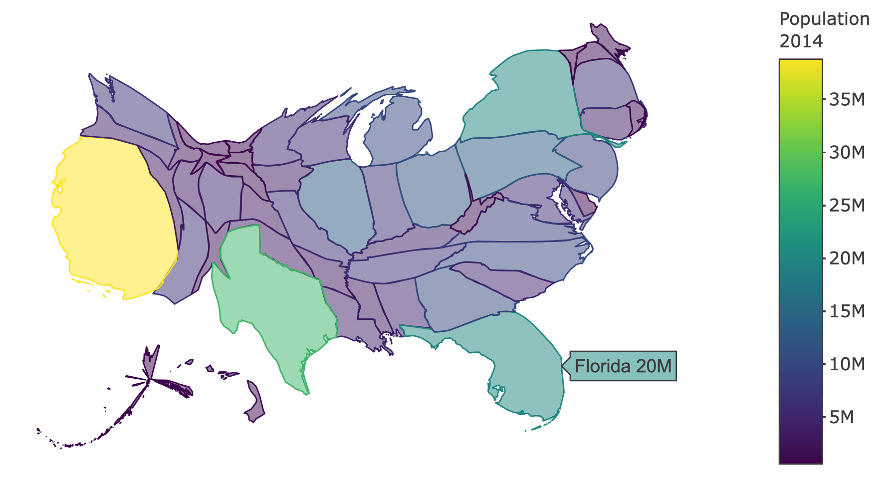 A cartogram of US population in 2014. A cartogram sizes the area of geo-spatial objects proportional to some metric (e.g., population).