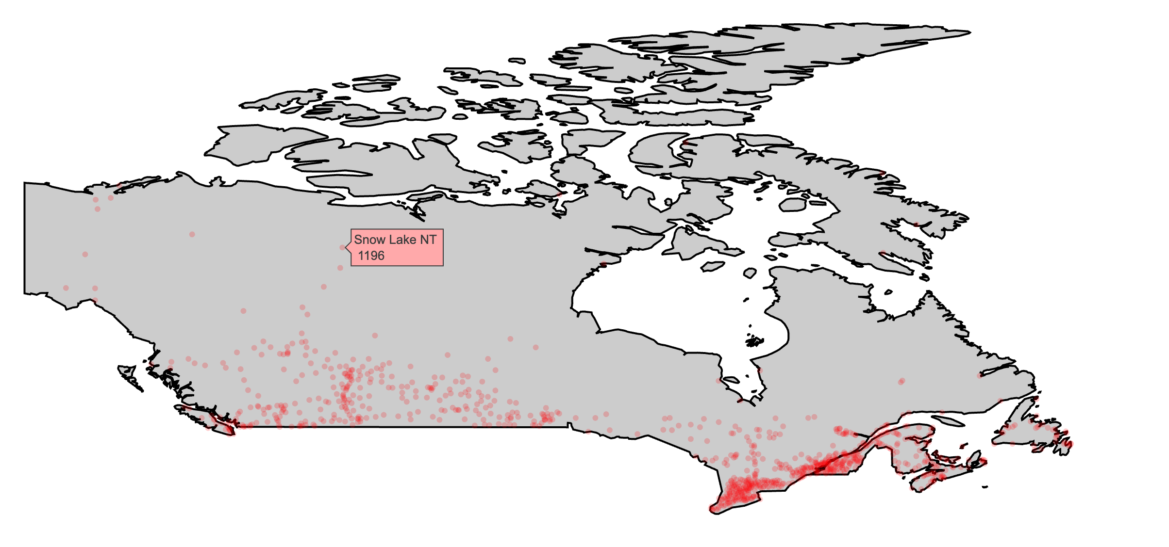 Using add_polygons() to make a map of Canada and major Canadian cities via data provided by the maps package.